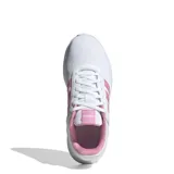 Championes Adidas Lite Racer 4.0 de diseño deportivo, confeccionados en malla blanca con las icónicas tres tiras laterales en color rosado. Presentan interior y lengüeta en tono rosado, con entresuela Cloudfoam para mayor amortiguación.