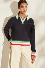 Buzo de punto color azul marino, con cuello polo blanco de bordes verdes, cierre frontal parcial con botones y rayas multicolores en el cuello, los puños y el ruedo. Presenta diseño de ochos y logo bordado en el pecho.