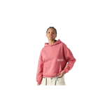 Hoodie oversize de color rosado oscuro, con capucha y bolsillo tipo canguro. Presenta un estampado gráfico en la espalda con la inscripción "EMESTUDIOS" en color blanco.