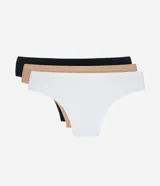 Kit de tres bombachas modelo bikini de la marca Lov, confeccionadas en microfibra lisa con cintura media y laterales medianos. Incluye una pieza en color blanco, otra en color beige y otra en color negro.