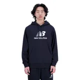 Canguro con capucha New Balance Essentials Stacked Logo French Terry Hoodie, color negro con logo blanco estampado en el pecho. Confeccionado en felpa francesa, de corte holgado y con bolsillo tipo canguro.