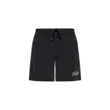 Short de baño negro con cintura elástica ajustable mediante cordón y detalle de estampado tipográfico en la pierna izquierda.