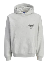 Buzo con capucha de corte holgado, confeccionado en tejido loopback con interior levemente afelpado. Presenta bolsillo canguro frontal y estampados en el frente y la espalda.