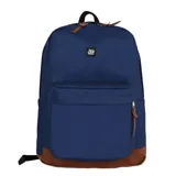 Mochila azul con base marrón, bolsillo frontal con cierre y logo cuadrado en la parte superior. Cuenta con bolsillos laterales, bolsillo interior para notebook y detalles en cuero sintético marrón.