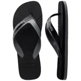 Sandalias de dedo Havaianas modelo Dual, color negro con tiras anchas en tono gris y negro con el logo de la marca en relieve.