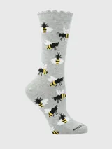 Calcetín de largo medio en color gris melange con estampado integral de abejas y puño con terminación ondulada.