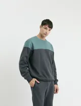 Sweater de tejido circular con diseño color block, combinando una franja superior en color verde y el resto de la prenda en gris oscuro. Presenta cuello redondo y puños en tejido canalé.
