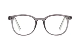 Armazón de anteojos con marco redondeado de acetato en color gris traslúcido.