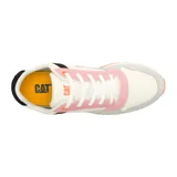 Championes urbanos Caterpillar modelo Ventura, color blanco con detalles en gris, rosa y naranja. Confeccionados en gamuza recubierta de PU y forro de malla reciclada.