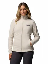Campera polar Columbia con cierre frontal completo, cuello alto y bolsillos laterales. Diseño de ajuste entallado con logo de la marca bordado en el pecho.