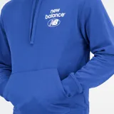 Canguro azul con capucha y cordones ajustables, bolsillo tipo canguro y logo de New Balance estampado en el pecho.