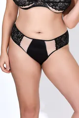 Bombacha tiro alto de lycra negra con transparencias de microtul y puntilla elastizada.