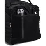Bolso deportivo Under Armour modelo Undeniable 5 Duffle L, color negro con logo plateado. Cuenta con tecnología repelente al agua, compartimento ventilado para calzado o ropa sucia, bolsillos organizadores internos, correa de hombro acolchada extraíble y asas superiores.