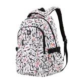 Mochila de poliéster con estampado de cactus y flores en tonos celeste, azul, blanco y rosa. Cuenta con bolsillos laterales, correas de compresión, compartimento para notebook y bolsillo frontal con cierre.