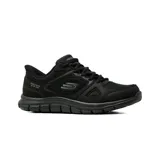 Championes deportivos Skechers modelo Track Ezral, color negro. Presentan un diseño de malla transpirable con refuerzos sintéticos, tecnología Slip-ins para un calce fácil, almohadilla en el talón, plantilla de espuma viscoelástica y entresuela ligera que absorbe impactos.