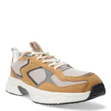 Championes de estilo running con diseño de paneles en tonos tostado, beige y gris. Presentan cordones frontales, suela de plataforma con relieve y detalles reflectantes.