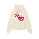 Hoodie Nude Project de color beige con capucha, bolsillo frontal tipo canguro y un estampado gráfico de cerezas en el pecho con la inscripción Nude Project.