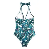 Malla entera de color verde oscuro, combinada con un diseño floreado en la parte inferior. Presenta escote halter cruzado y fruncidos en la zona del abdomen.