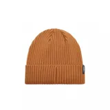 Gorro de lana color beige con logo de Puma en etiqueta rectangular gris en el frente.