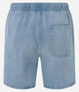 Bermuda de jeans de hombre, color negro con efecto desgastado o acid wash, de corte holgado. Posee cintura elástica con cordón de ajuste y bolsillos laterales.