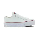 Championes Converse Chuck Taylor All Star de lona blanca con plataforma, cordones blancos y detalles en rojo y azul en la suela.