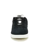 Championes Caterpillar modelo Pause Retro T-Toe, de color negro con suela blanca y detalles en dorado. Confeccionados en gamuza con cordones negros y suela de goma.