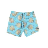 Short de baño Reef celeste con estampado de hojas de palmera color beige y cordón de ajuste negro.