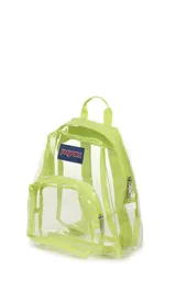 Mochila mini transparente de la marca JanSport con ribetes y correas en color lila pastel. Cuenta con un compartimento principal y un bolsillo frontal con cierre.