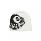 Gorro de lana Santa Cruz modelo Winkowski, color blanco con diseño tejido en negro de la bola 8 y tipografía de la marca.