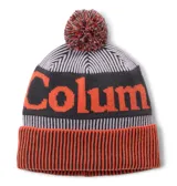 Gorro de lana con pompón, diseño tejido con franjas en gris y naranja, y logo de la marca estampado en el frente. Cuenta con forro térmico interno para mayor retención de calor.