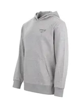 Buzo canguro gris melange marca Caterpillar, con capucha, bolsillo frontal tipo kangu y pequeño estampado en el pecho.