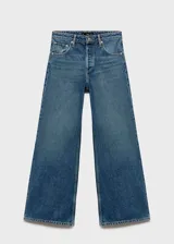 Pantalón de jean estilo wide leg con tiro alto, confeccionado en tejido de algodón. Presenta diseño de cinco bolsillos, cierre de botones y trabillas para cinturón.