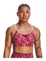 Top deportivo de alto impacto Under Armour, color bordó con estampado gráfico lineal en blanco. Presenta breteles elásticos en color rosado con el logo de la marca, panel de malla en el escote y diseño de espalda cruzada.