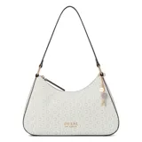 Cartera tipo hobo de Guess modelo Layla, color blanco con monograma de la marca en tono tostado y herrajes dorados. Presenta cierre superior y un charm colgante con llaves.