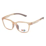 Armazón de anteojos MDQ modelo T45, con marco de acetato en tono habano traslúcido y patillas con detalle de logo grabado.