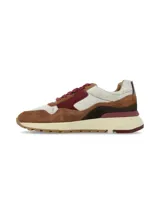 Sneakers Zaffo de diseño deportivo, confeccionados con una combinación de cueros en tonos marrón, bordó, beige y detalles plateados. Cuenta con suela dentada y cordones bordó.
