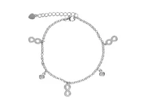 Pulsera de plata 925 con cadena de eslabones y dijes colgantes: tres infinitos con incrustaciones de circonitas y dos puntos de luz.