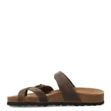 Sandalias de cuero graso color marrón habana, con diseño de dos tiras ajustables con hebillas metálicas y suela anatómica de corcho con base de goma antideslizante.