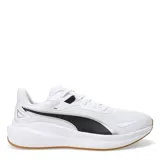 Championes de running Puma modelo Skyrocket Lite, color amarillo neón con detalles en negro y suela blanca. Presentan diseño de malla transpirable, cierre con cordones y tecnología de amortiguación en la entresuela.