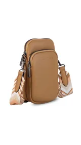 Phonebag de diseño compacto y moderno, color plateado, con cierre frontal y correa ajustable y desmontable con diseño geométrico. Cuenta con logo grabado en el frente.