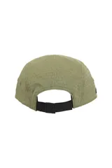 Gorra tipo camp cap de Supreme en color verde oliva, con diseño de patrón hexagonal y logo de la marca bordado en un parche frontal rectangular.
