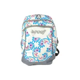 Mochila Reef con estampado paisley en tonos azul, violeta y naranja sobre fondo blanco. Cuenta con compartimento principal con cierre, bolsillo frontal con logo bordado y base reforzada en color gris.