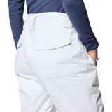 Pantalón de nieve Columbia Bugaboo II Omni-Heat para mujer, de color blanco con detalles negros en los dobladillos inferiores, diseñado con tecnología impermeable y transpirable para deportes de invierno.