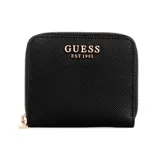 Billetera Guess Laurel de color negro, con textura saffiano y cierre de cremallera perimetral. Presenta el logo de la marca en metal dorado en el frente.