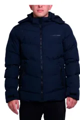 Campera puffer azul marino marca Lotto, con capucha desmontable, cierre frontal y bolsillos laterales con cierre.