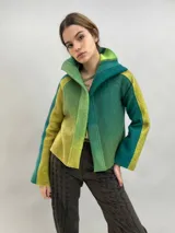 Chaqueta de lana merino afieltrada con diseño en degradé de tonos verdes y amarillos. Presenta un corte recto, cuello alto, mangas largas y bolsillos laterales.