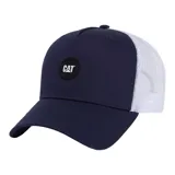 Gorra tipo trucker de Caterpillar, con frente y visera en color azul marino y panel trasero de malla blanca. Presenta un parche circular negro con el logo de la marca en el frente y cierre ajustable en la parte posterior.