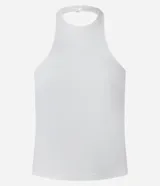 Blusa Blue Steel de corte ajustado confeccionada en microfibra, con escote halter, sin mangas y cierre con botón en el cuello.