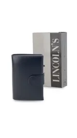 Tarjetero compacto de símil cuero negro con cierre de presilla metálica. Posee múltiples ranuras para tarjetas, visor transparente para documentos, compartimento para billetes y bolsillo exterior con cierre para monedas.