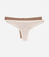 Kit de dos bombachas modelo bikini de algodón, una en color marrón liso y otra con diseño a rayas horizontales. Ambas presentan laterales finos, cintura elástica y detalle de pequeño lazo central.